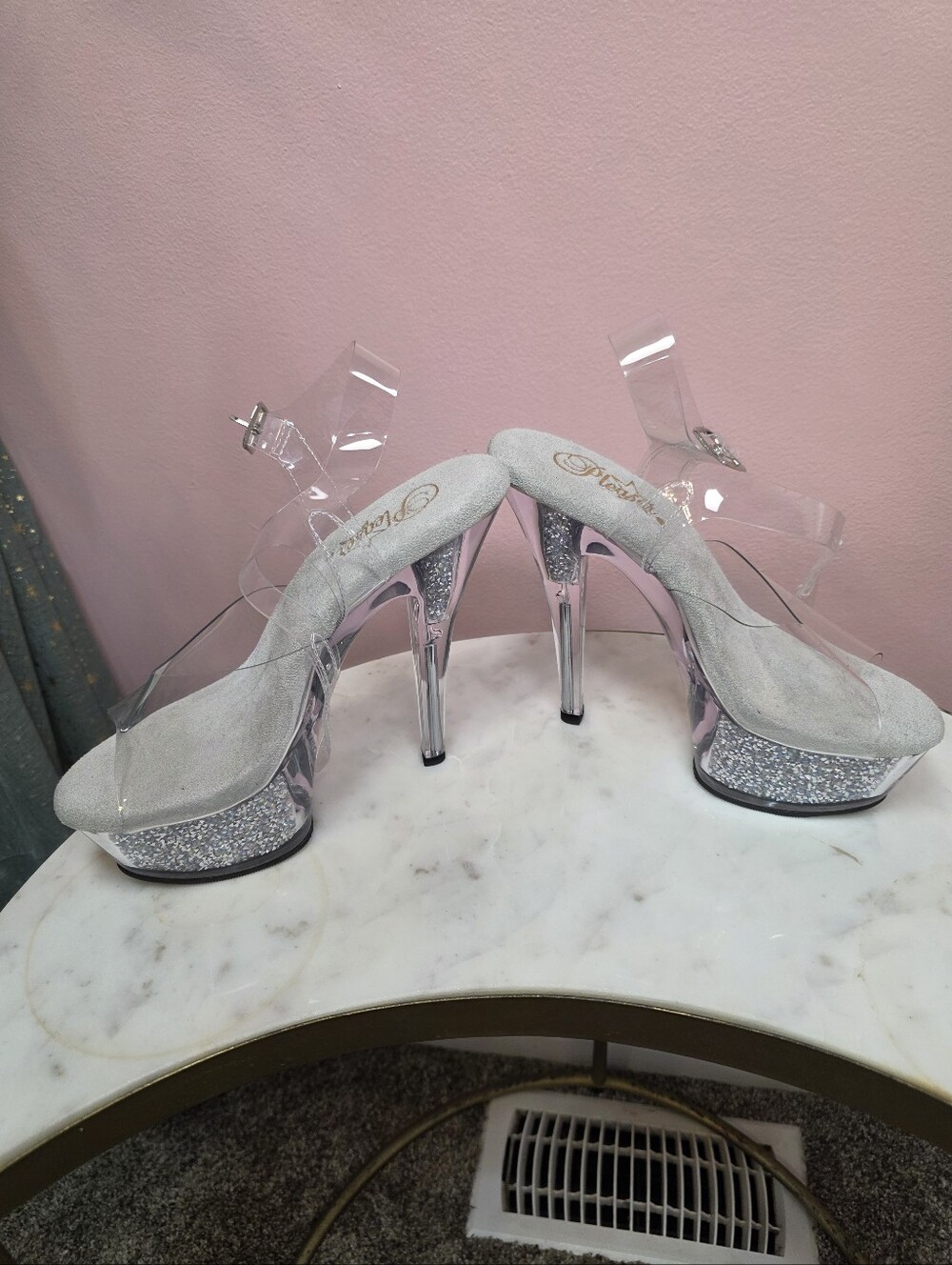Pleaser Size 8 Clear Silver Glitter Platform Heels